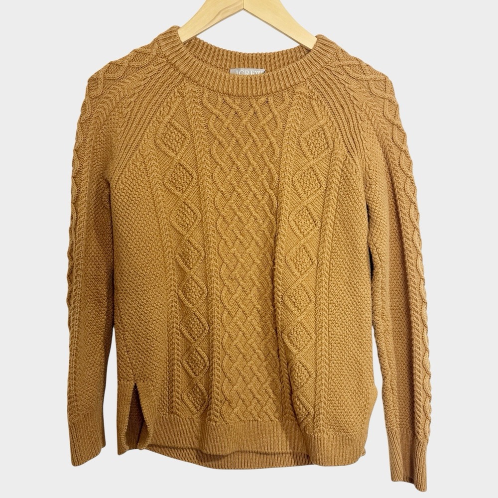J. Crew Women XS 100% Cotton Camel Tan Cable Knit Sweater Preppy Quiet Luxury
